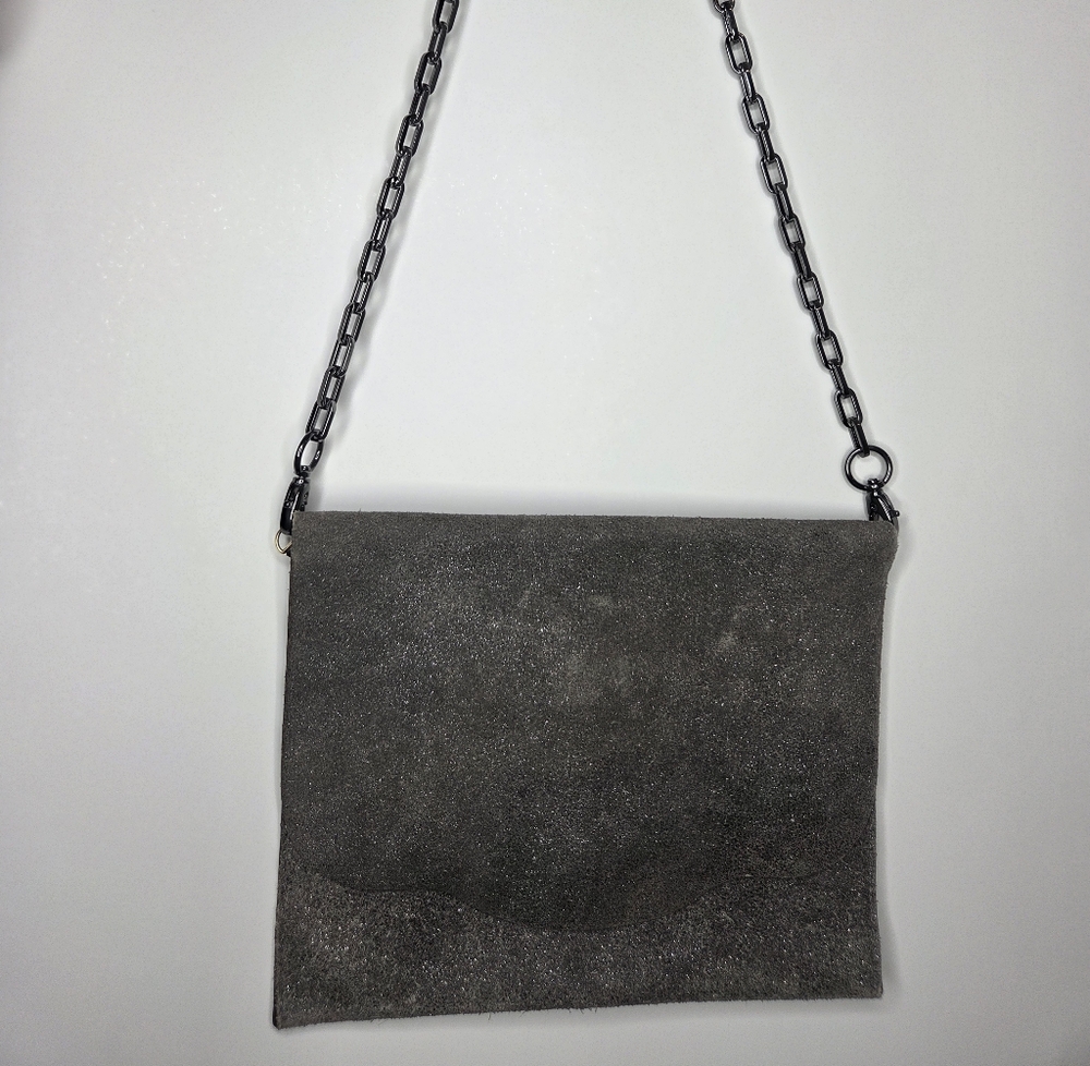 Floyd Handcrafted In America Purse Leather Chain Shiny Onyx Black Flat Bag